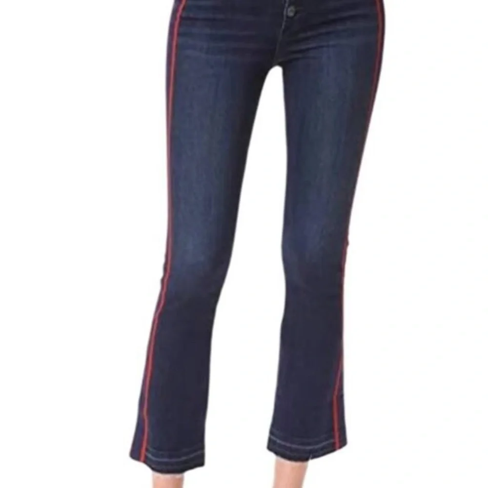 Veronica Beard Dark Blue Cropped Jeans with Red Side Stripes, hem is a raw edge - Picture 2 of 12